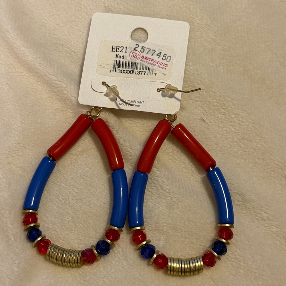 🌻 Tell Your Tale Red, Blue, and Gold Teardrop Dangle Earrings - Picture 3 of 3